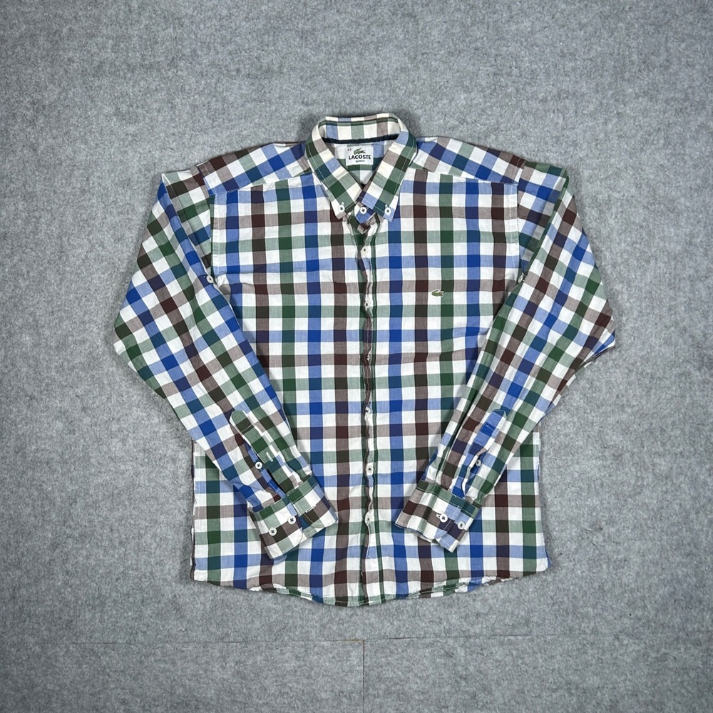 Lacoste Button Down Shirt Men 43 Multicolor Slim Fit Gingham Plaid Casual Preppy